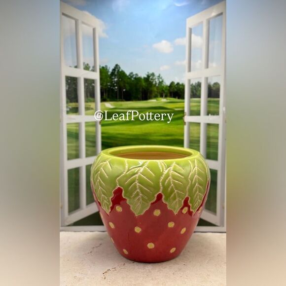 Strawberry (LG) Handcrafted Red/Green/Yellow Ceramic Planter Pot - Picture 4 of 9
